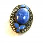 Vintage Brass ? Blue Glass & Blue Enamel Filigree Brooch 0102201312