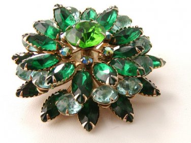 Unsigned Vintage  Rhinestone Green Blue Brooch