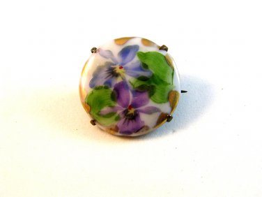Vintage Miniature Hand Painted Blue & Pink Flowers Brooch