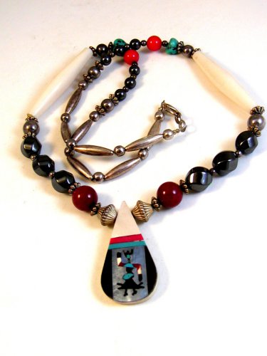 Southwest Sterling Silver Turquoise Hematite Inlaid Necklace