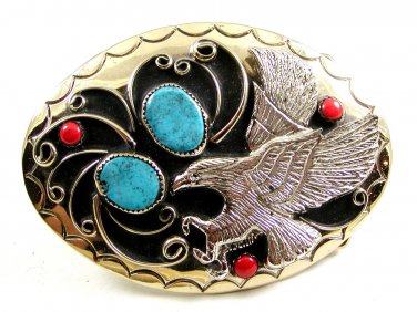 Southwest Handcrafted American Eagle Coral Turquoise Belt Buckle US