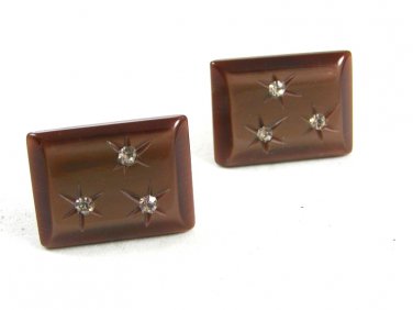 1950s-60s Goldtone Brown Lucite & Rhinestones Cufflinks Not Marked 111414