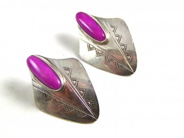Southwest Sterling Silver & Pink Stone Earrings Signed MJ ?