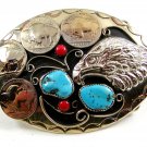 Handcrafted American Eagle 4 Nickels Coral Turquoise Belt Buckle USA