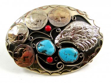 Handcrafted American Eagle 4 Nickels Coral Turquoise Belt Buckle USA