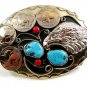 Handcrafted American Eagle 4 Nickels Coral Turquoise Belt Buckle USA