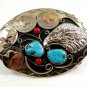 Handcrafted American Eagle 4 Nickels Coral Turquoise Belt Buckle USA