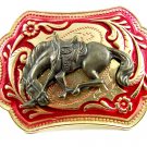 Western Cowboy Rodeo Gold Tone & Red Bowiing Horse Belt Buckle No. 101813