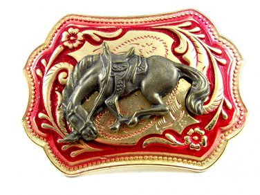 Western Cowboy Rodeo Gold Tone & Red Bowiing Horse Belt Buckle No. 101813