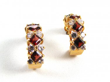 Sterling w/ Gold Vermeil Red & Sparkly Rhinestones Pierced Earrings