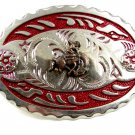Made in USA Silver Tone Red Cowboy On Horse Belt Buckle #101813