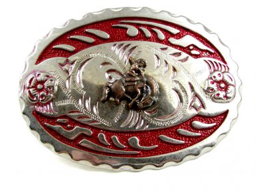 Made in USA Silver Tone Red Cowboy On Horse Belt Buckle #101813