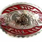 Made in USA Silver Tone Red Cowboy On Horse Belt Buckle #101813