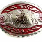 Made in USA Silver Tone Red Cowboy On Horse Belt Buckle #101813