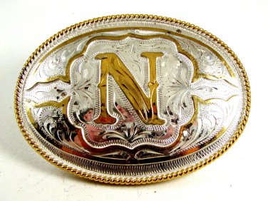 Western Cowboy Initial Letter N Belt Buckle by Silver Strike 12112013nn