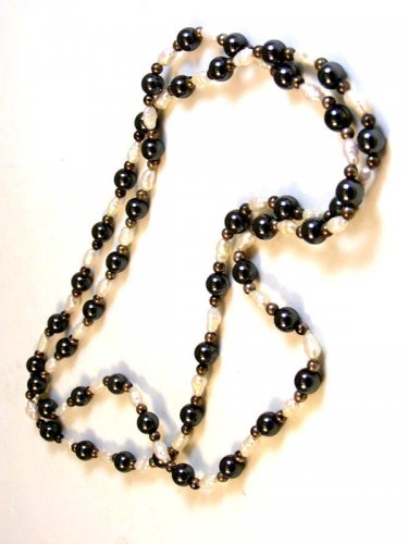 Freshwater White Pearl and Hematite 30" Necklace