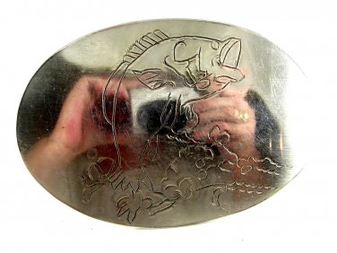 Vintage Etched Big Mouth Bass Fish Belt Buckle Unmarked 092214