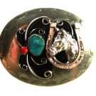 Vintage Silvertone Turquoise Coral Horse Shoe Belt Buckle Unbranded 62915