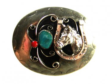 Vintage Silvertone Turquoise Coral Horse Shoe Belt Buckle Unbranded 62915