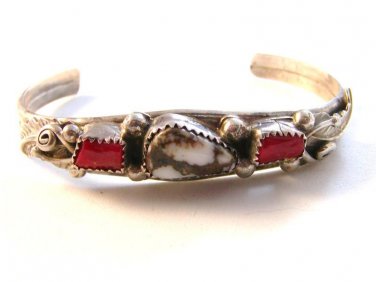 Nitz Native American Sterling Moss Agate Coral Cuff Bracelet