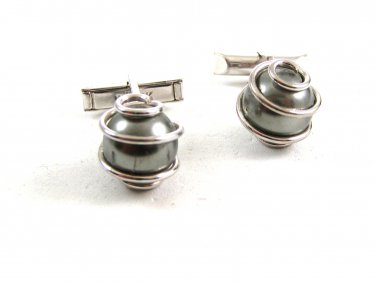 Silvertone & Faux Gray Pearl Cufflinks by Swank
