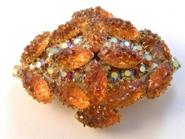 Vintage Carved Textured Golden Topaz Rhinestone Brooch Pin