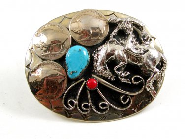 Handcrafted Cowboy Horse Bowing 3 Nickels Coral Turquoise Belt Buckle USA