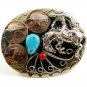 Handcrafted Cowboy Horse Bowing 3 Nickels Coral Turquoise Belt Buckle USA