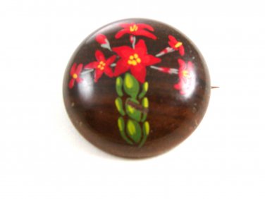 Vintage Handmade Eastern European Hand Painted Flower Brooch