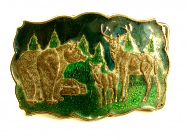 Bear Mama Deer and Baby Deer Enameled Belt Buckle 8414