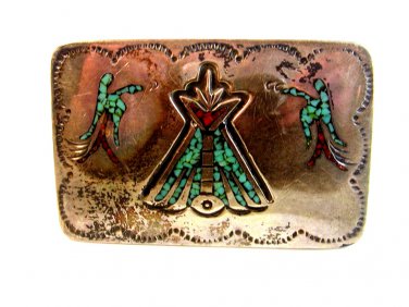Native American Silver Turquoise Coral Teepee Birds Belt Buckle