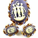 Goldtone Blue Purplish 3 Muses Cameo Brooch Earrings Unmarked 102014