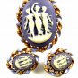 Goldtone Blue Purplish 3 Muses Cameo Brooch Earrings Unmarked 102014
