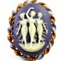 Goldtone Blue Purplish 3 Muses Cameo Brooch Earrings Unmarked 102014