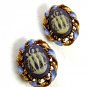 Goldtone Blue Purplish 3 Muses Cameo Brooch Earrings Unmarked 102014