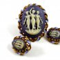 Goldtone Blue Purplish 3 Muses Cameo Brooch Earrings Unmarked 102014