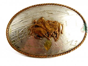 Western Rodeo Cowboy Bull Doggng German Silver Belt Buckle by Comstock
