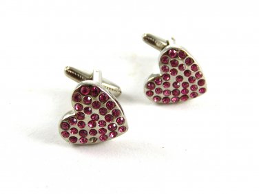 Silvertone & Pink Rhinestones Heart Cufflinks 11062013bd