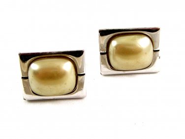 Silvertone & Faux Mauve Pearl Cufflinks Signed Hickok USA