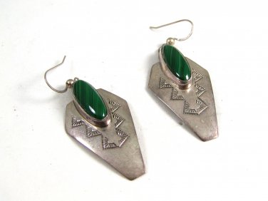 Southwest Sterling Silver & Malachite Dangley Earrings Signed