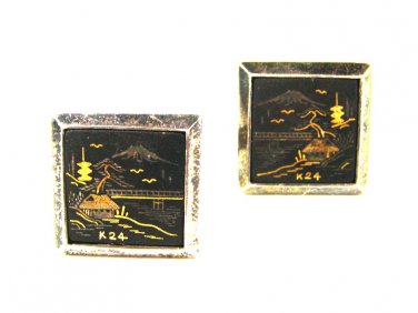 Silver Damascene Goldtone Mt. Fuji Cufflinks Unbranded Made In Japan 71615