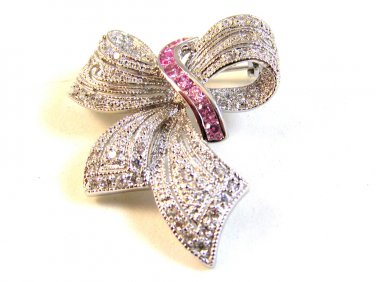 Sterling Silver Pink & Clear Rhinestones Bow Ribbon Brooch