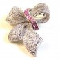 Sterling Silver Pink & Clear Rhinestones Bow Ribbon Brooch