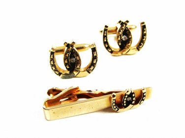 True Vintage Horse Shoe Goldtone Cufflinks & Tie Clasp By SWANK 101614