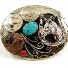 Handcrafted Cowboy Horse Shoe 3 Nickels Coral Turquoise Belt Buckle USA