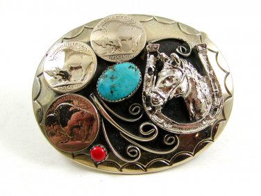 Handcrafted Cowboy Horse Shoe 3 Nickels Coral Turquoise Belt Buckle USA