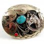 Handcrafted Cowboy Horse Shoe 3 Nickels Coral Turquoise Belt Buckle USA