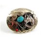 Handcrafted Cowboy Horse Shoe 3 Nickels Coral Turquoise Belt Buckle USA