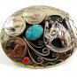 Handcrafted Cowboy Horse Shoe 3 Nickels Coral Turquoise Belt Buckle USA