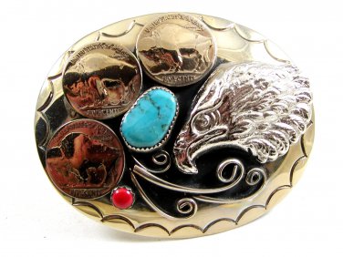 Handcrafted American Eagle 3 Nickles Coral & Turquoise Belt Buckle US